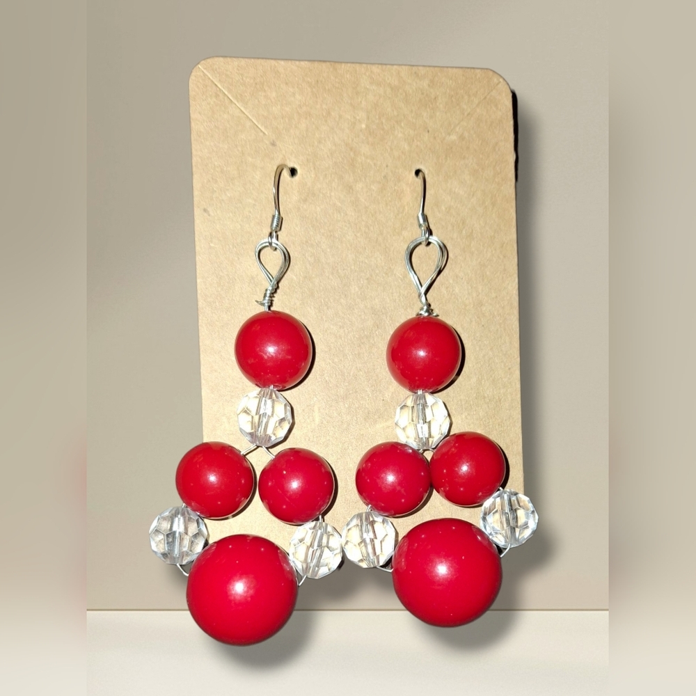 3/25$ Acrylic Beaded Statement Earrings Handmade Chunky Red Silvertone dangle